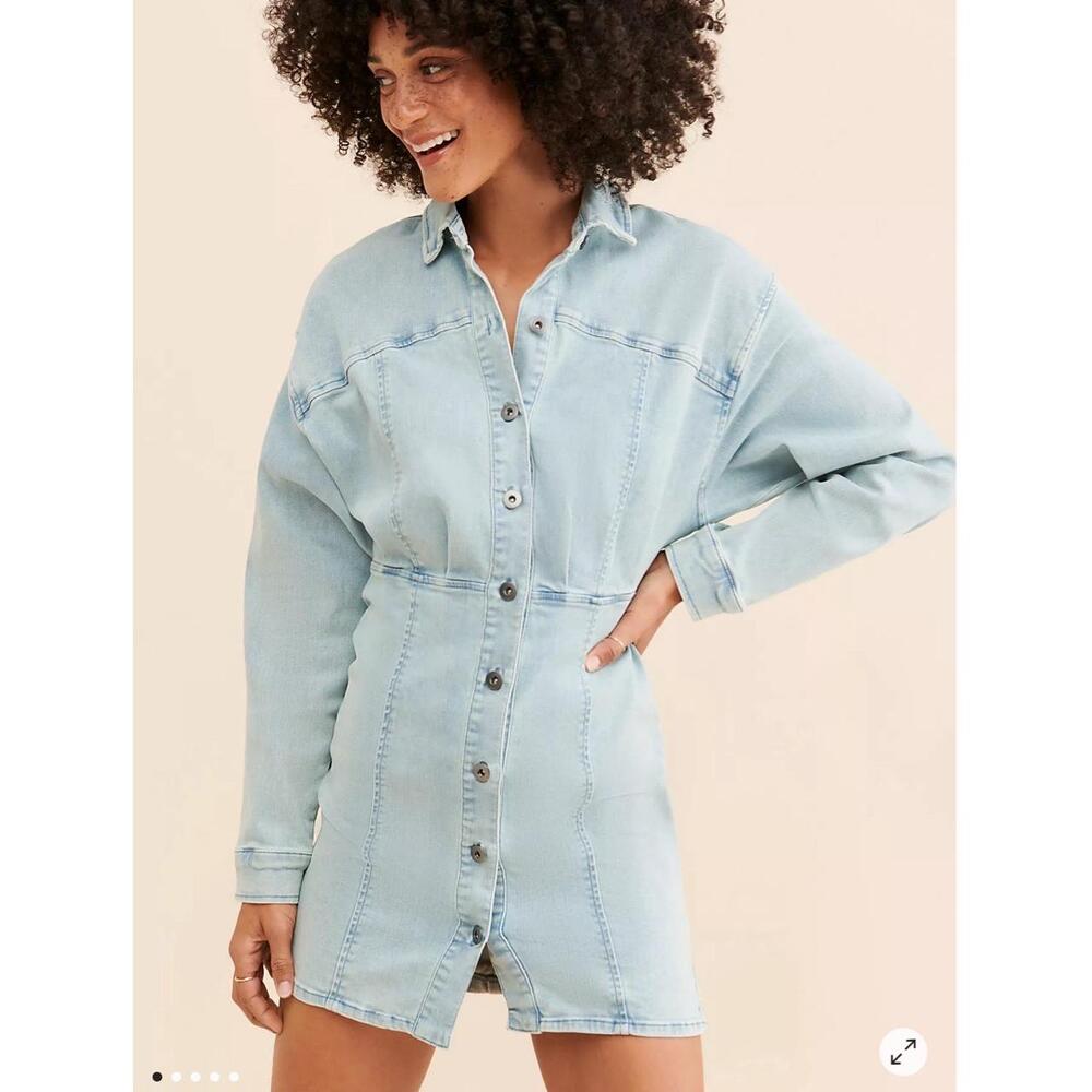 Free People Amber Denim Dress Long Sleeve Button-Up Retro Size 12 Short Mini